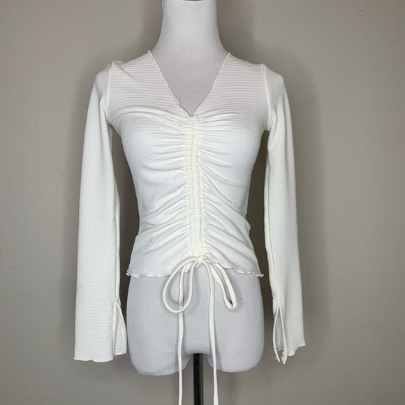 Ribbed Cream 3/4 Sleeve Ruched Middle Top Sz Small - Picture 1 of 10